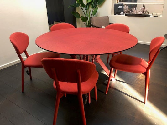 Toonzaalmodel SET Eclipse ronde eettafel EN 6 bijpassende stoelen Toro - kleur Brique